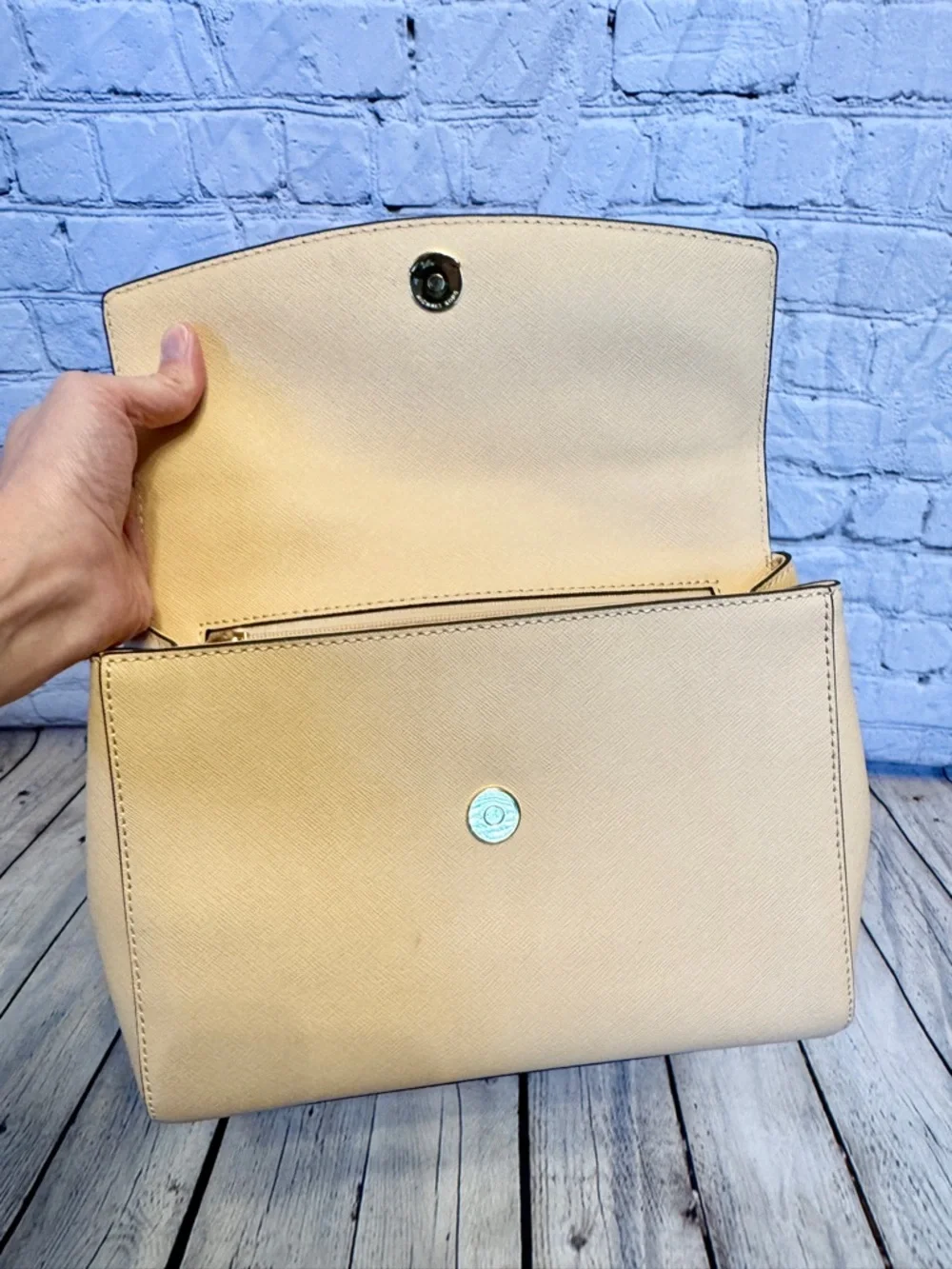 Michael Kors Beige Tan Colorblock Saffiano Leather Top Handle Satchel Chic